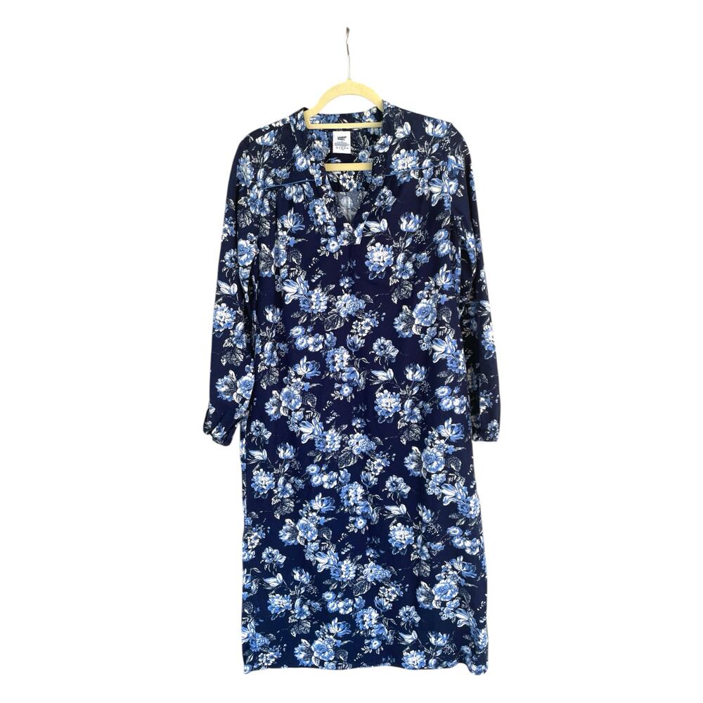 Lands End Nightgown Size S Blue Floral Cotton Long Sleeve Midi Flannel V-Neck